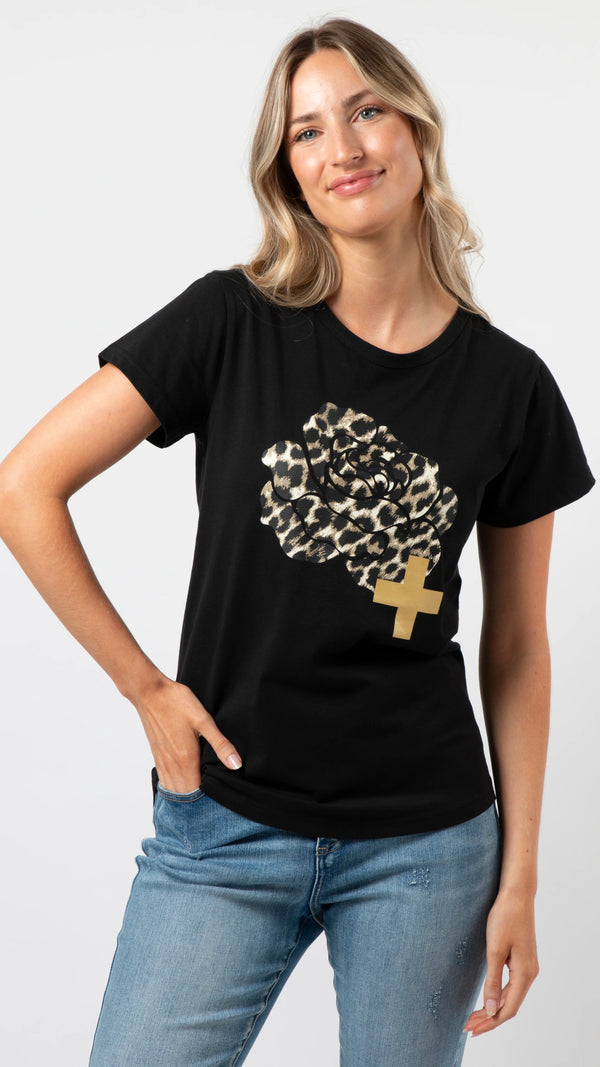 Ace Tee Black with Leopard Rose