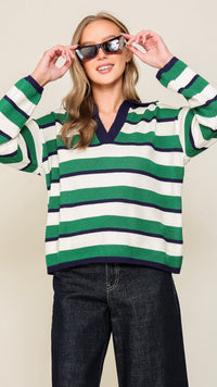 Steph Striped Collar Knit Top Navy Green