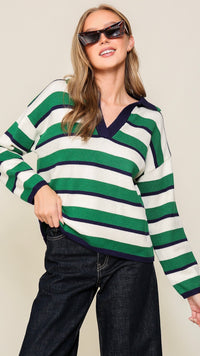 Steph Striped Collar Knit Top Navy Green