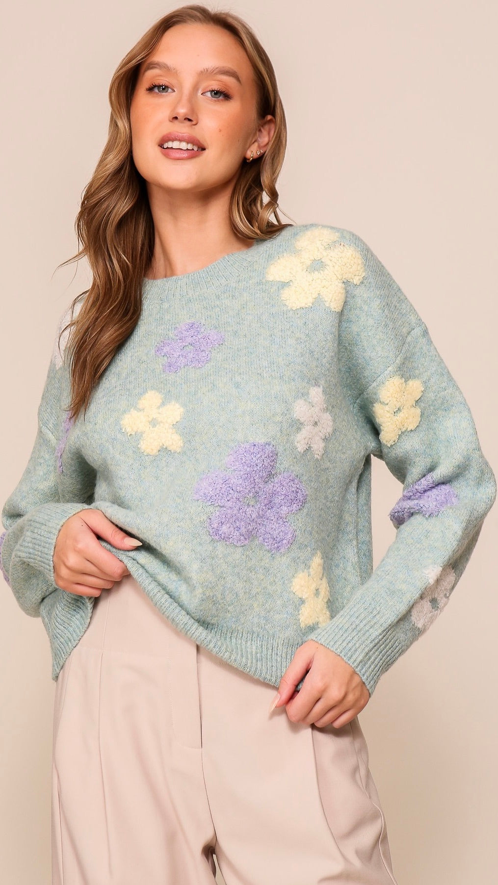 Fitz Fuzzy Flower Sweater Blue Green