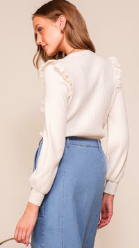 Rizzo Ribbed Ruffle Sleeve Knit Top Ivory
