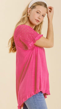 Clara Crochet Sleeve Top Hot Pink