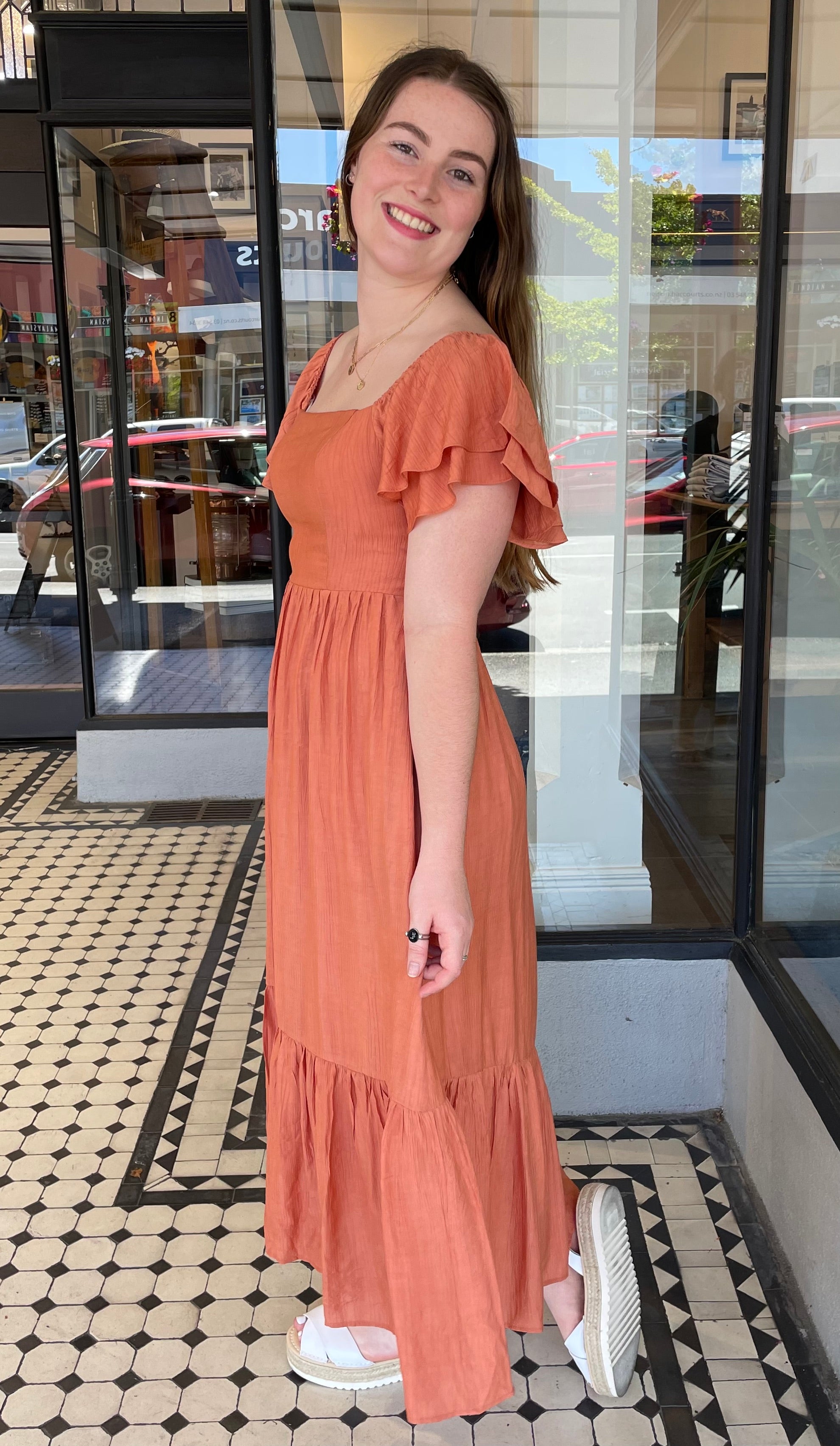 Gabriela Square Neck Ruffle Sleeve Dress Lt Rust