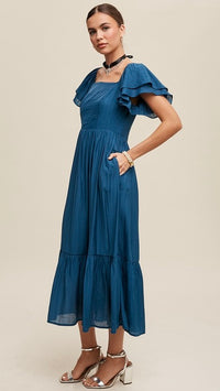 Gabriela Square Neck Ruffle Sleeve Dress Teal