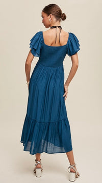Gabriela Square Neck Ruffle Sleeve Dress Teal