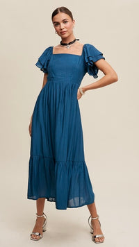 Gabriela Square Neck Ruffle Sleeve Dress Teal