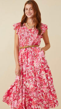 Hibiscus Print Smocked Dress Pink