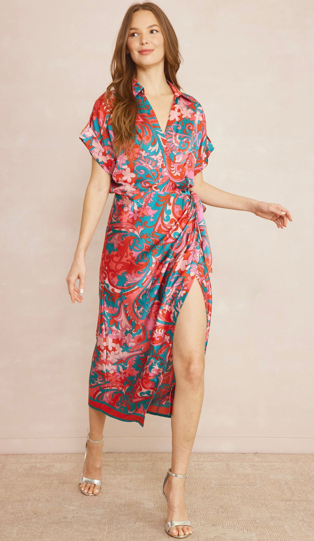 Penelope Satin Wrap Midi Dress