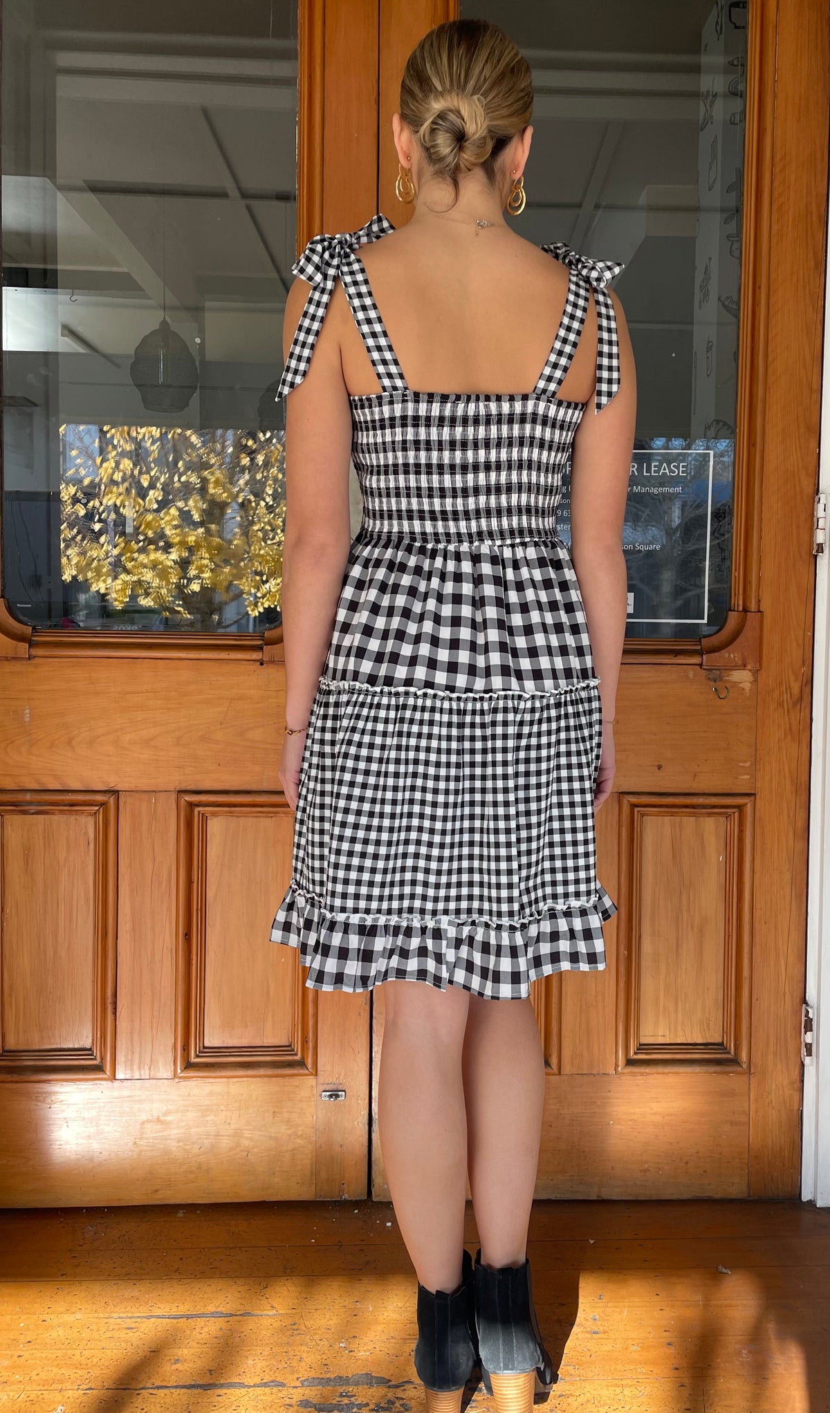 Gingham Tie Shoulder Dress Black