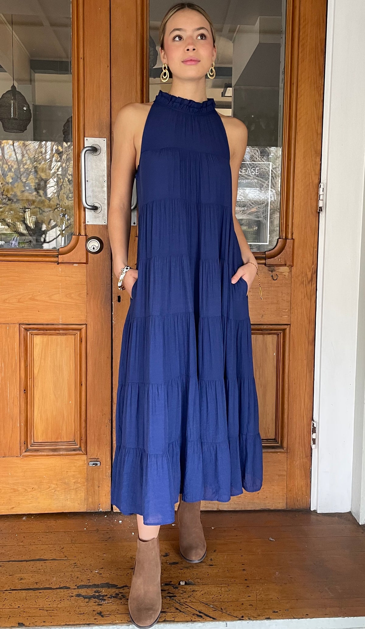 Juliette High Neck Tiered Maxi Dress Indigo