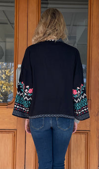 Misha Open Front Embroidered Cardigan Black
