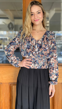 Maggie Smocked Waist Cropped Top Navy Print