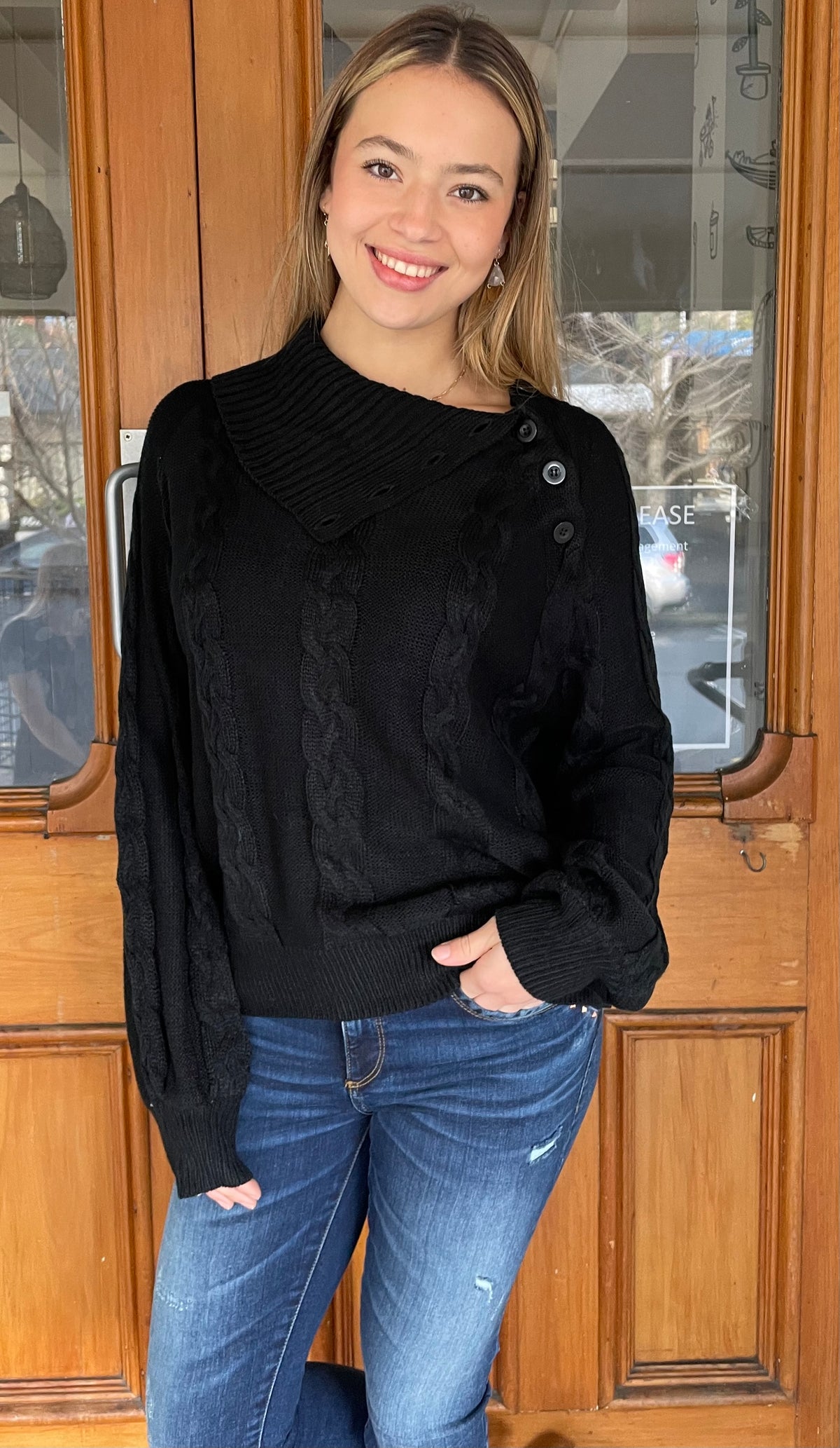 Bon Button Neck Top Black