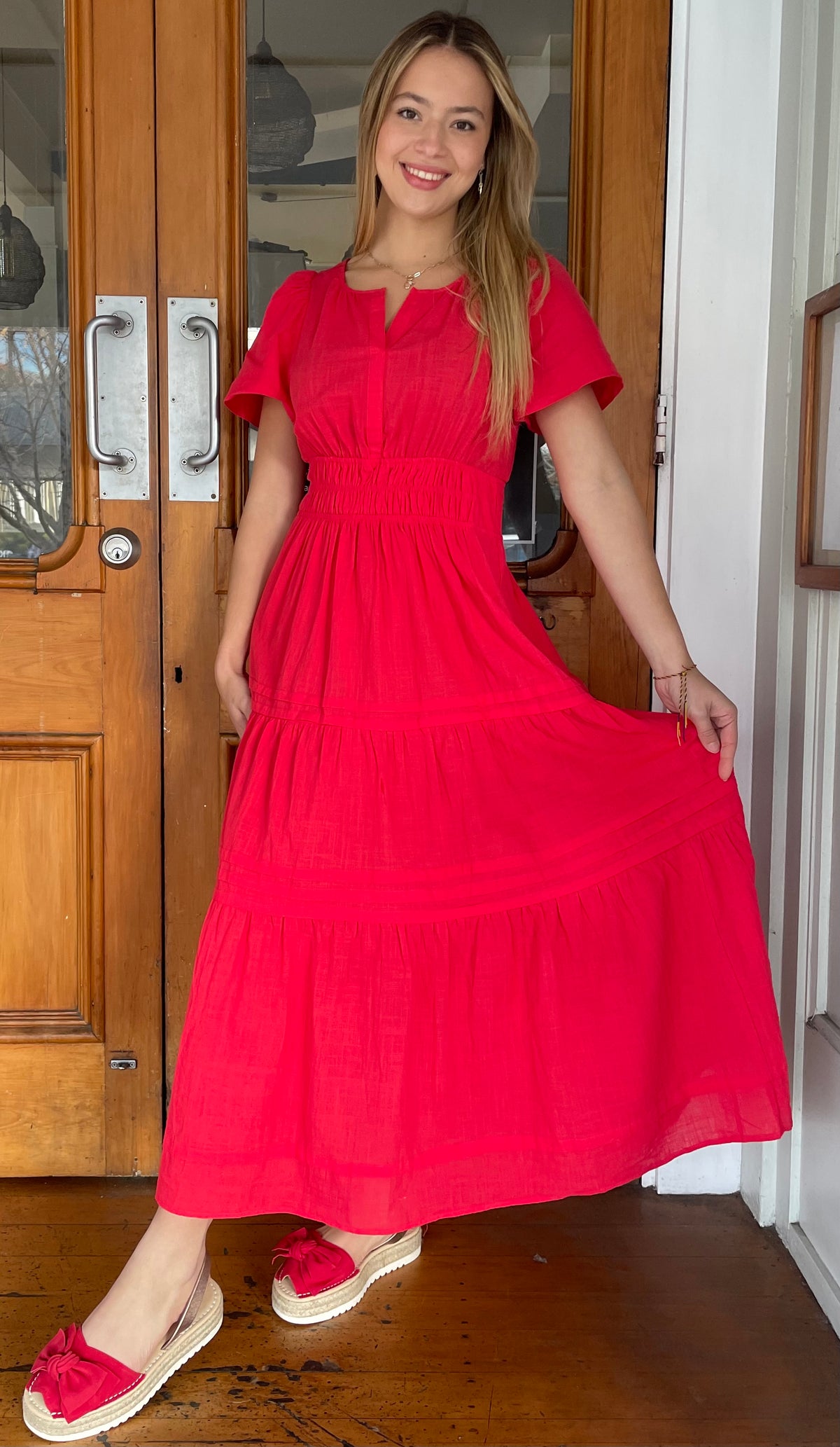 Tilly Tiered Midi Dress Cherry Red