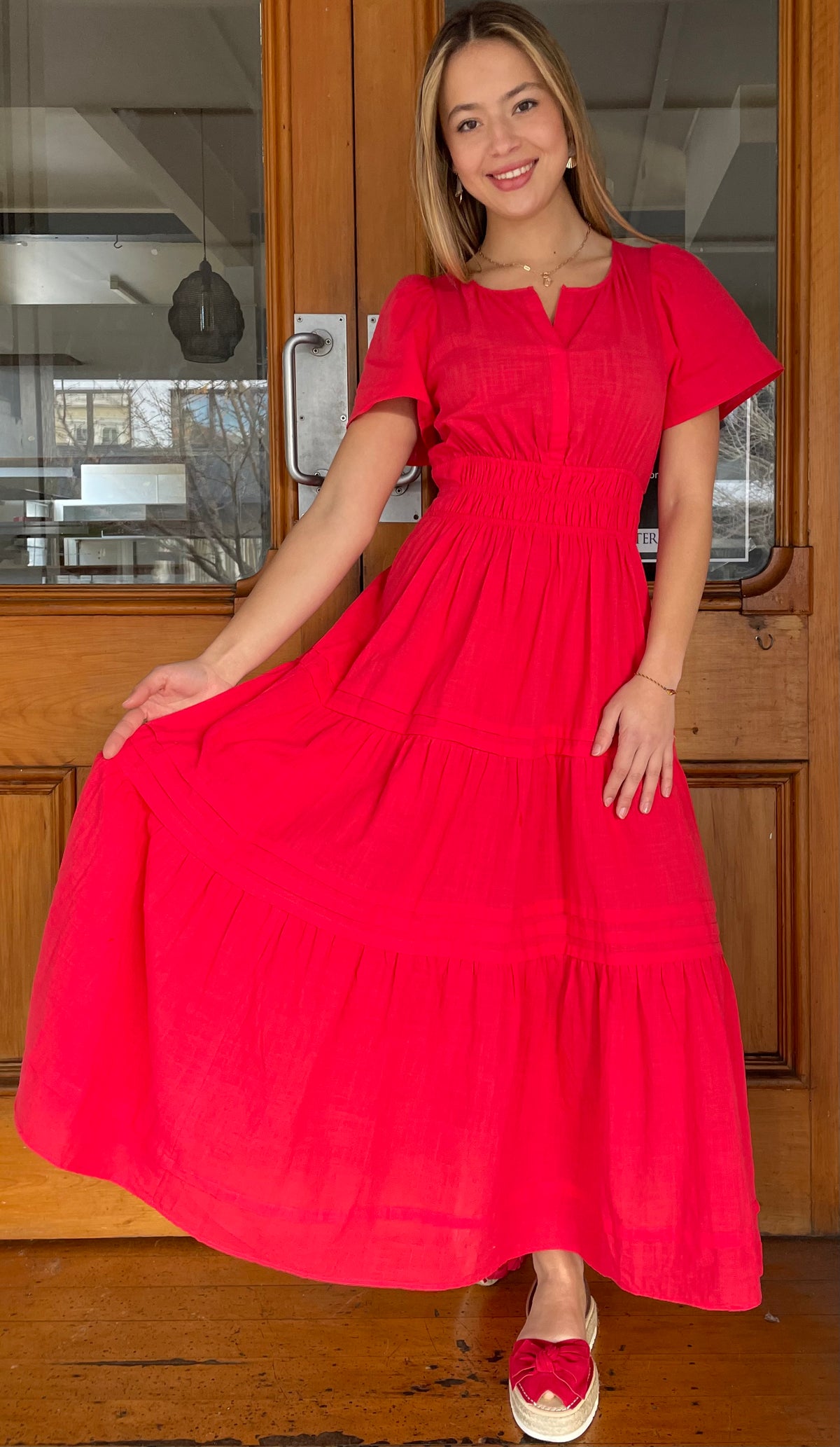 Tilly Tiered Midi Dress Cherry Red