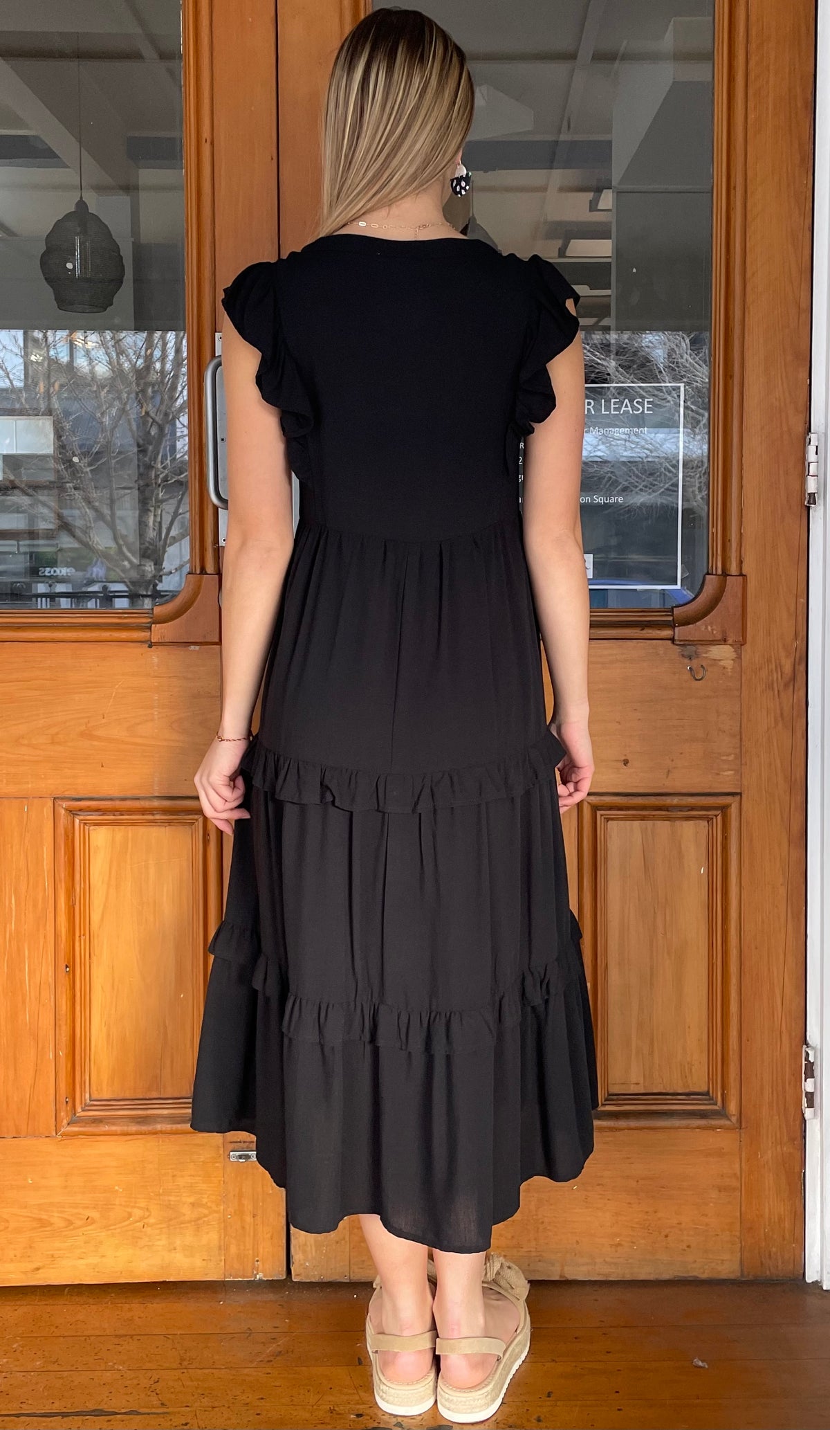 Jayla Ruffled Tiered Midi Dress Black