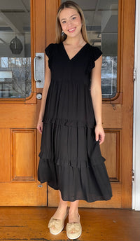 Jayla Ruffled Tiered Midi Dress Black