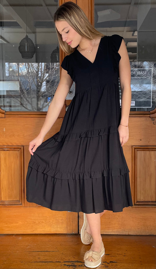 Jayla Ruffled Tiered Midi Dress Black