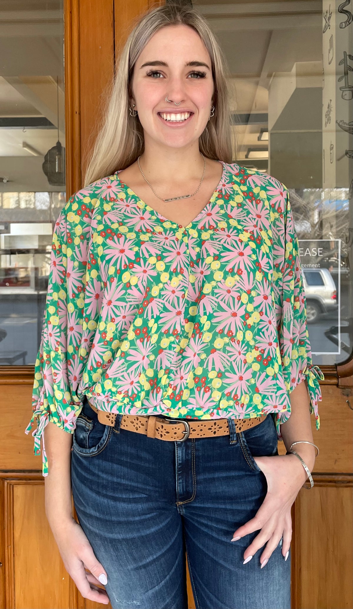 Frenchie Floral Long Puff Sleeve Top Green