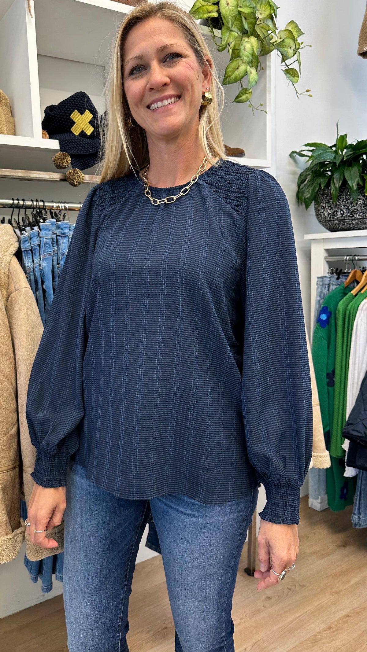 Honeycombe Blouse Navy Check