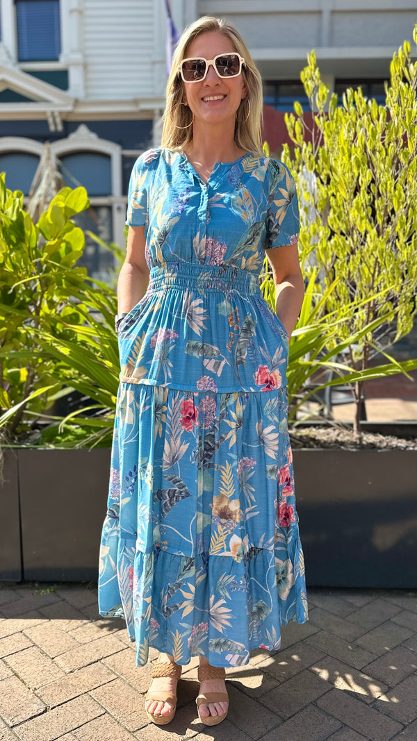 Tilly Tiered Midi Dress Blue Print