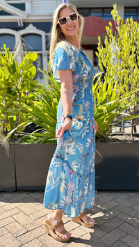 Tilly Tiered Midi Dress Blue Print