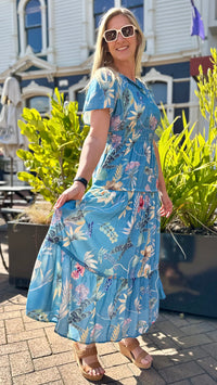 Tilly Tiered Midi Dress Blue Print
