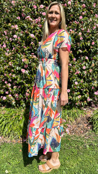 Tilly Tiered Midi Dress Fuchsia Print