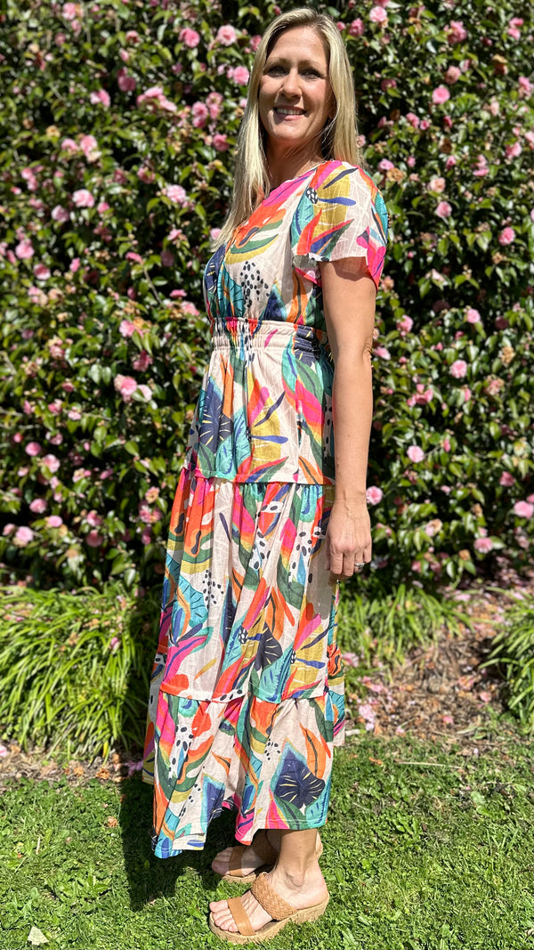 Tilly Tiered Midi Dress Fuchsia Print