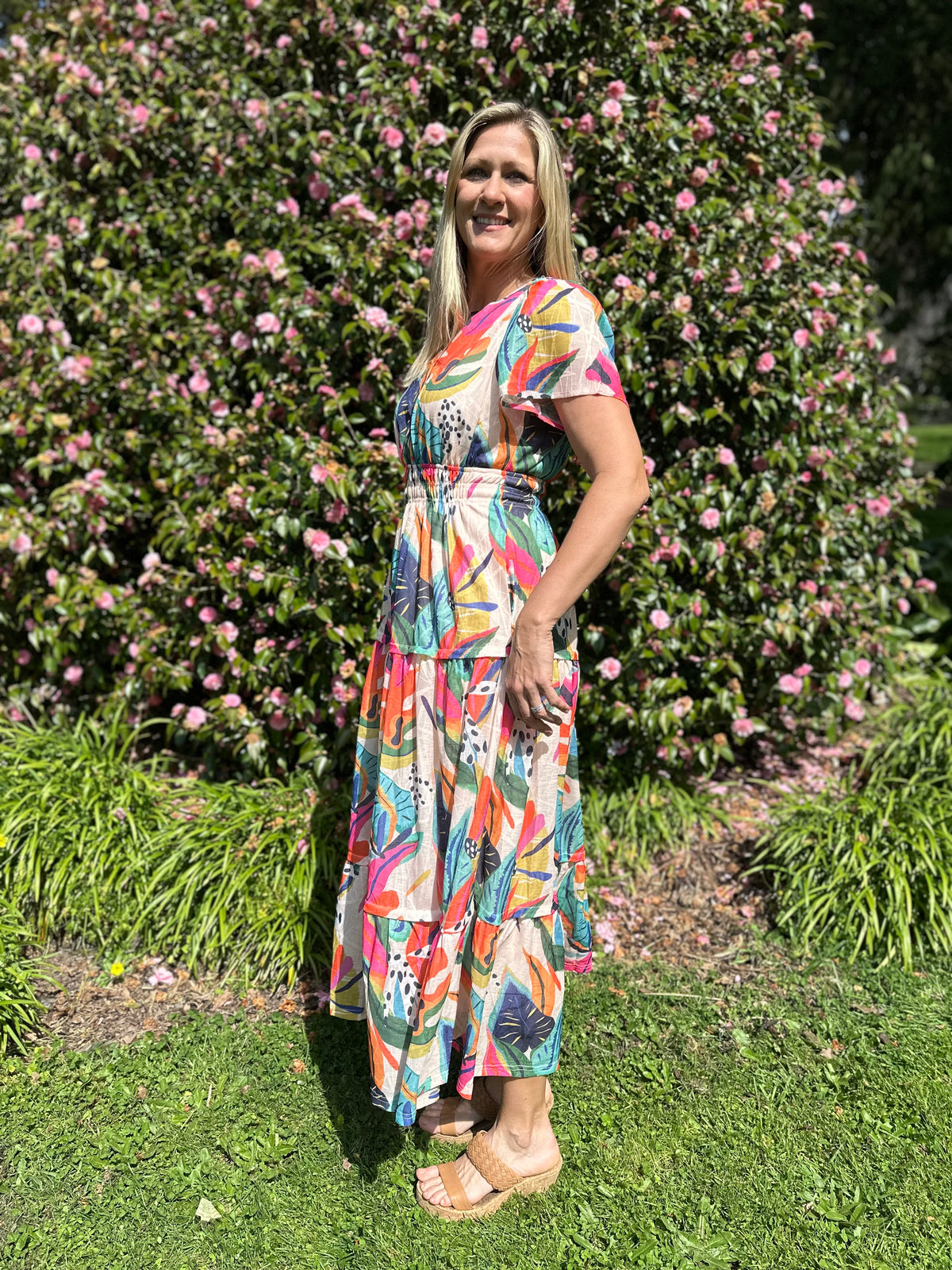 Tilly Tiered Midi Dress Fuchsia Print