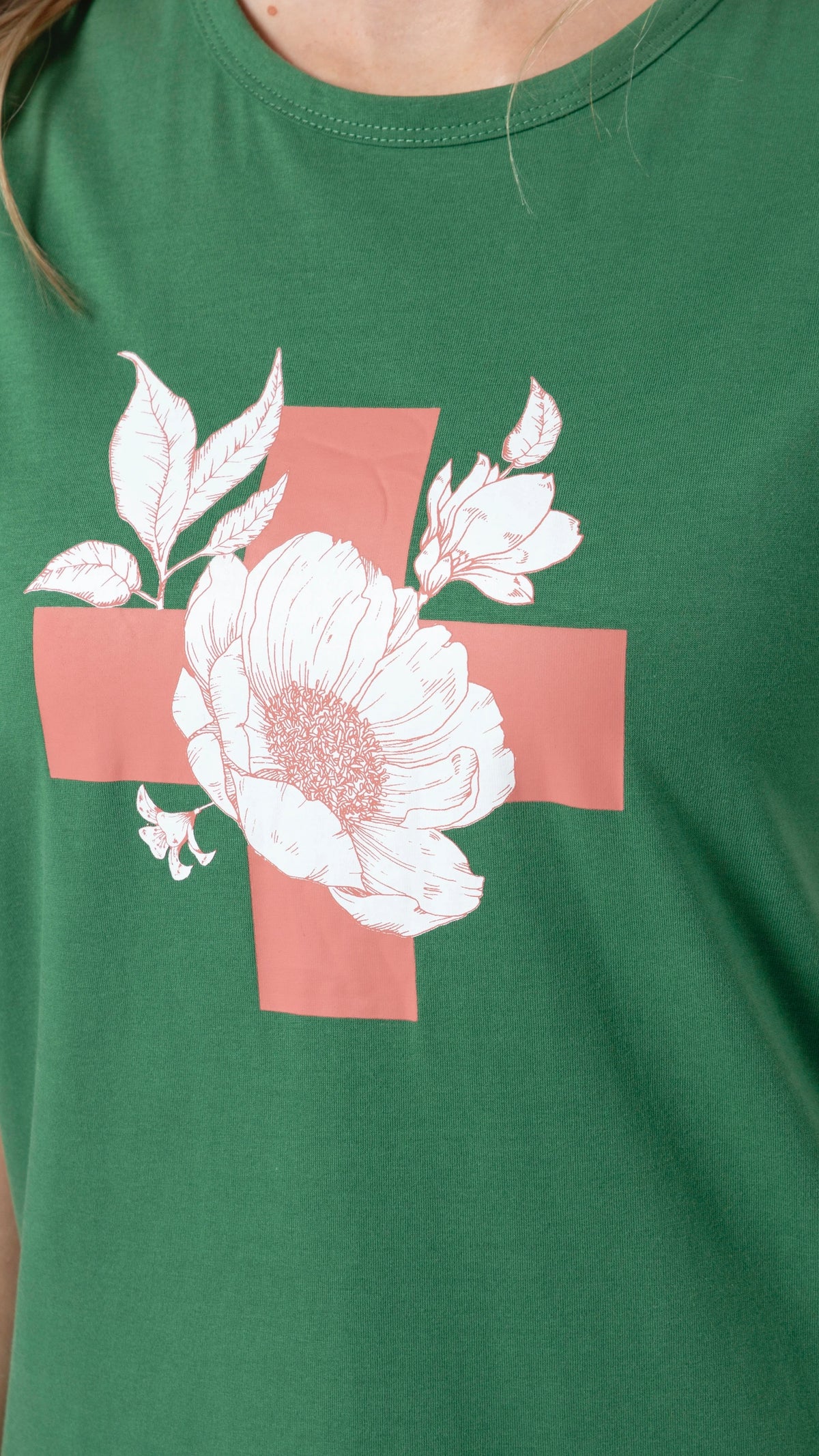 T Shirt Vintage Green Floral with Cross