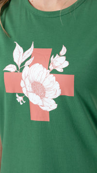 T Shirt Vintage Green Floral with Cross