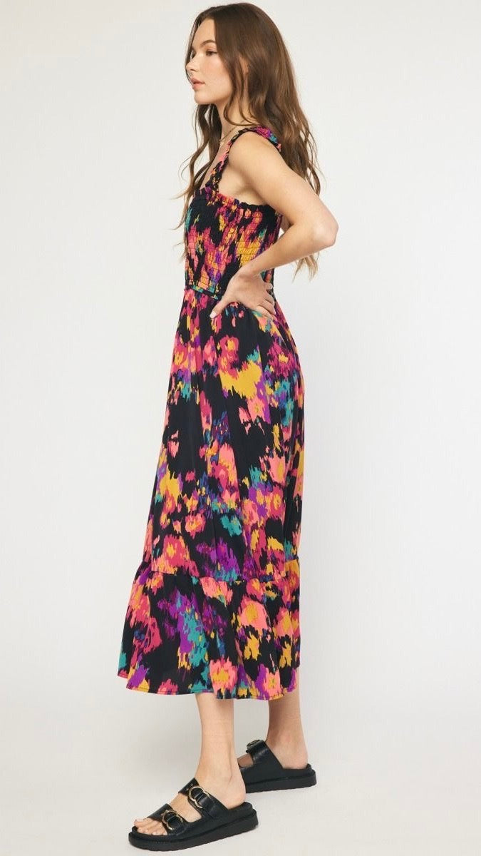 Parker Printed Smocked Midi Dress Black