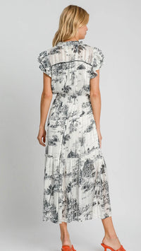 Lorelei Landscape Print Midi Dress Black