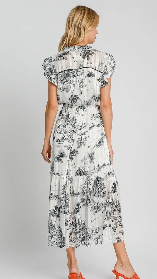 Lorelei Landscape Print Midi Dress Black