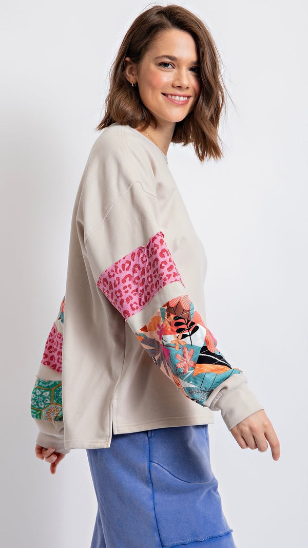 Terry Mix Print Pullover Stone