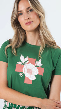 T Shirt Vintage Green Floral with Cross