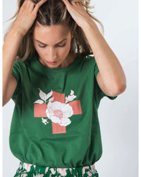 T Shirt Vintage Green Floral with Cross