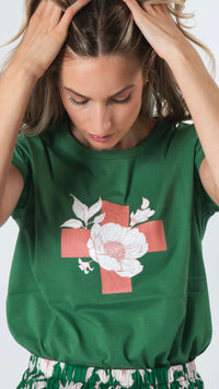 T Shirt Vintage Green Floral with Cross