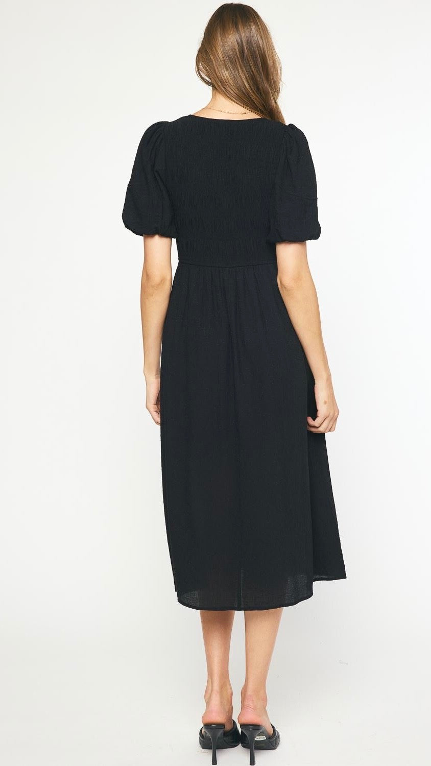 Isabella Shirred Bodice Midi Dress Black