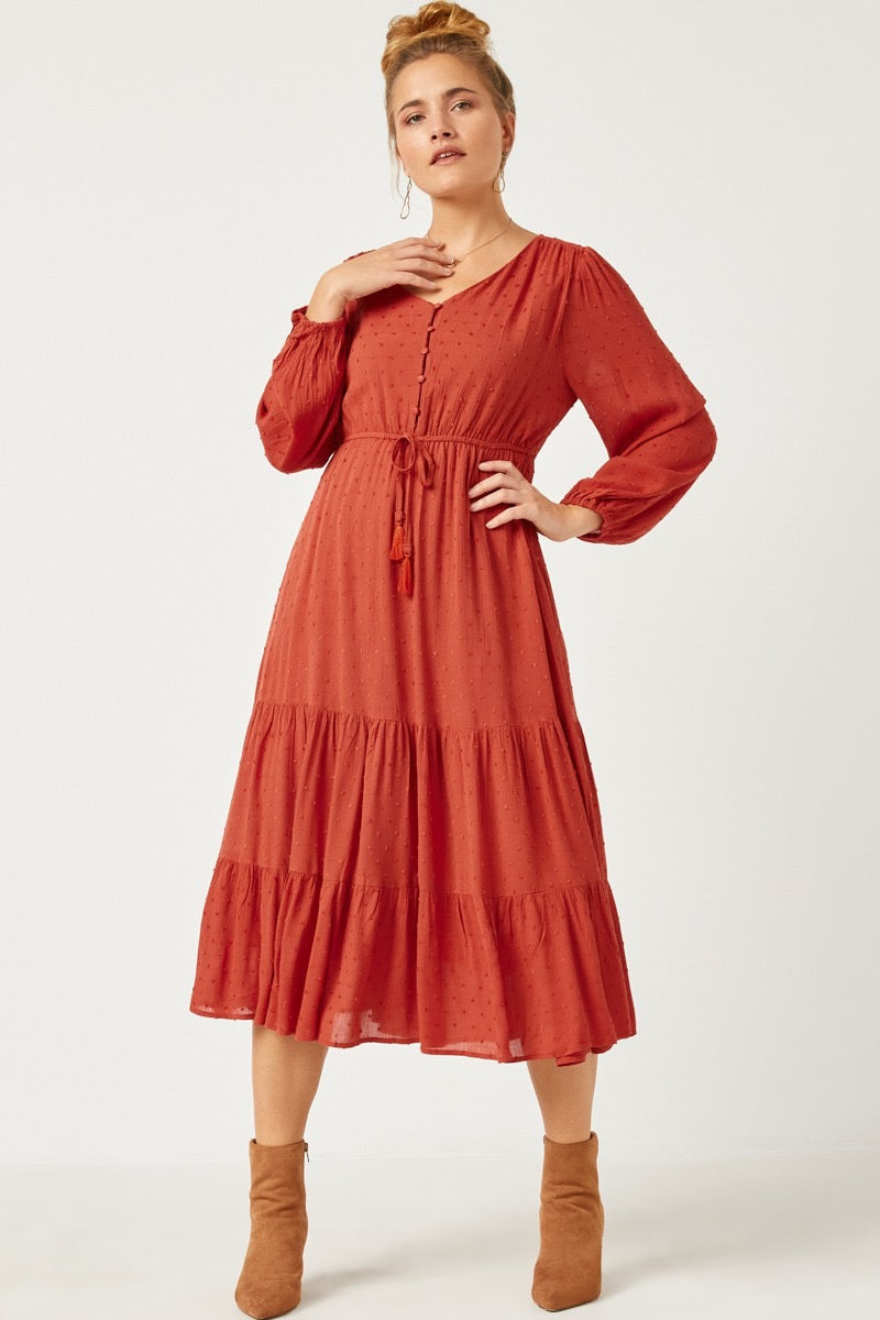 Samatha Swiss Dot Button Up Dress Rust