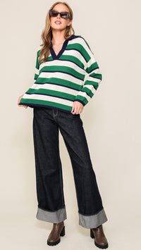 Steph Striped Collar Knit Top Navy Green