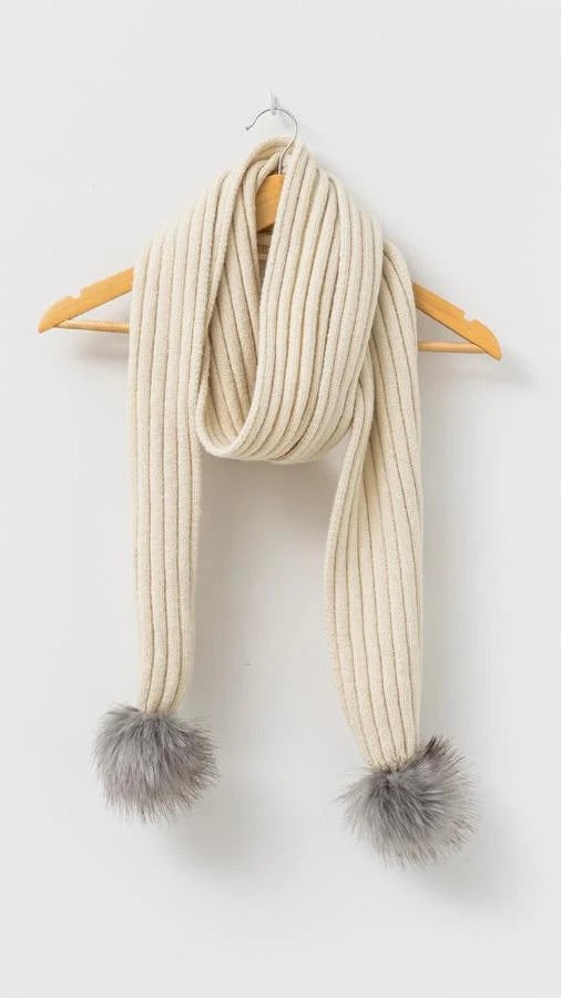Lacy Scarf Cream Grey Pompoms