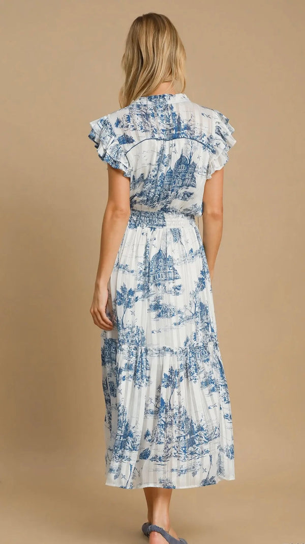 Lorelei Landscape Print Midi Dress Blue
