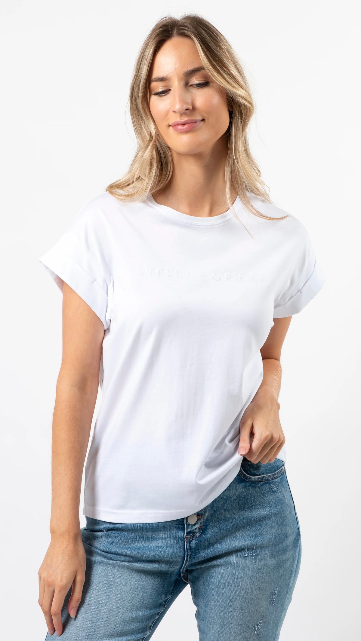 Cuff Sleeve T-Shirt White Embroidered Logo