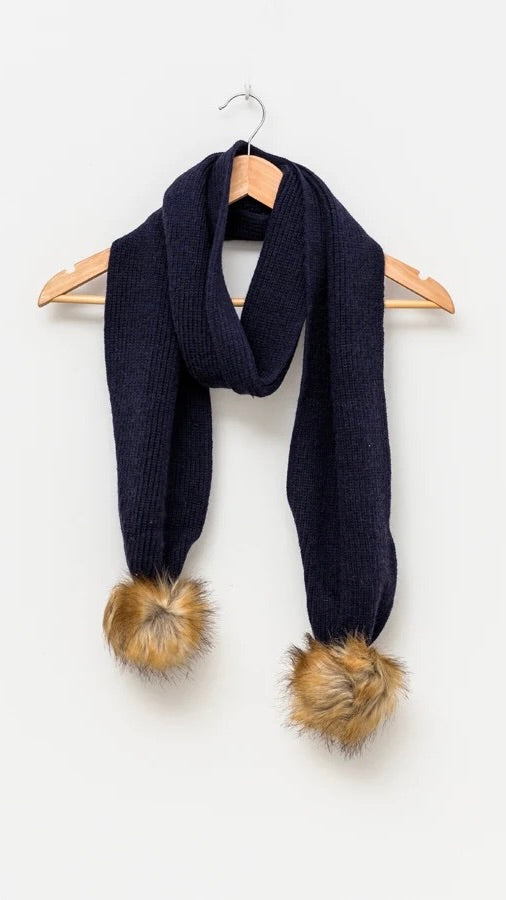 Lacy Scarf Navy Natural Pompoms
