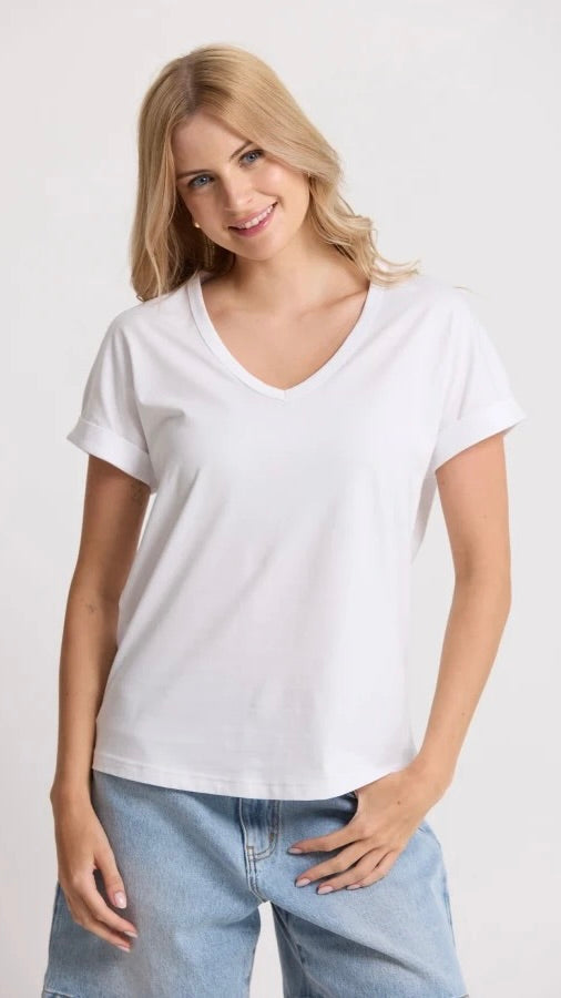 Soho Cuff V Neck Tee White