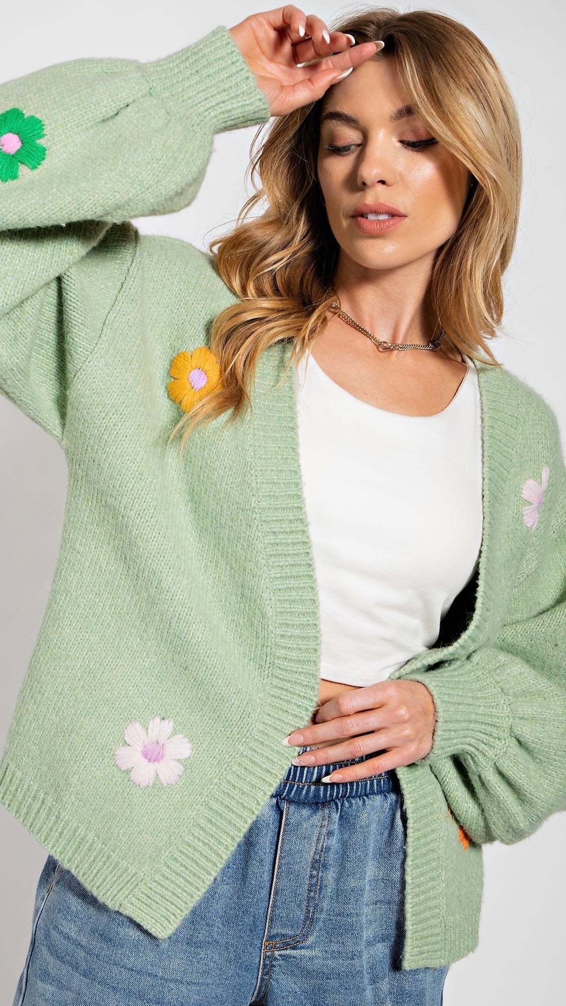 Knitted Flower Cardigan Sage