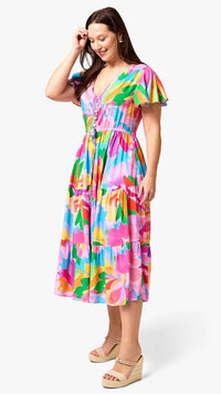Hibiscus Hues Midi Dress Pink Blue Floral
