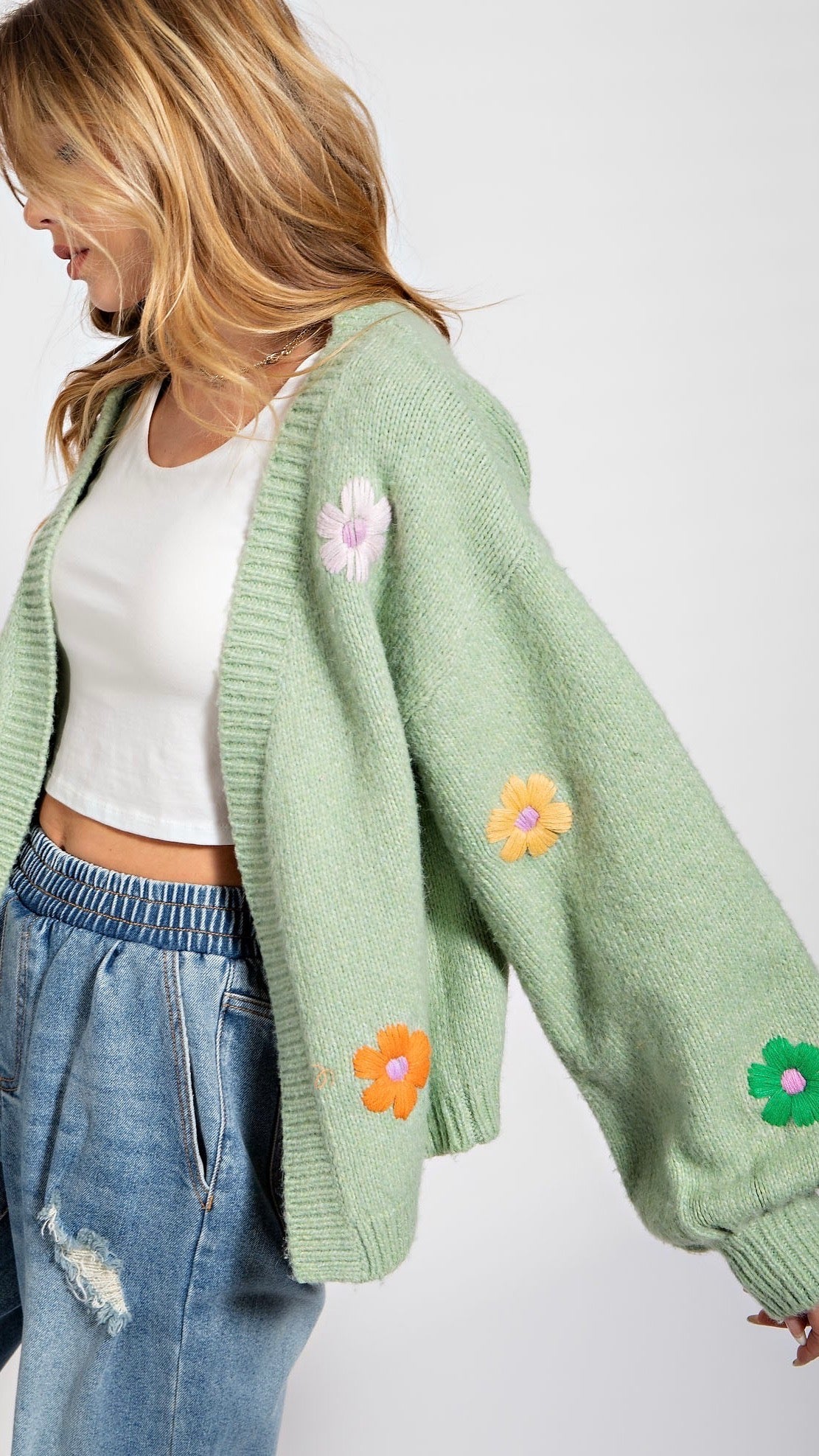 Knitted Flower Cardigan Sage